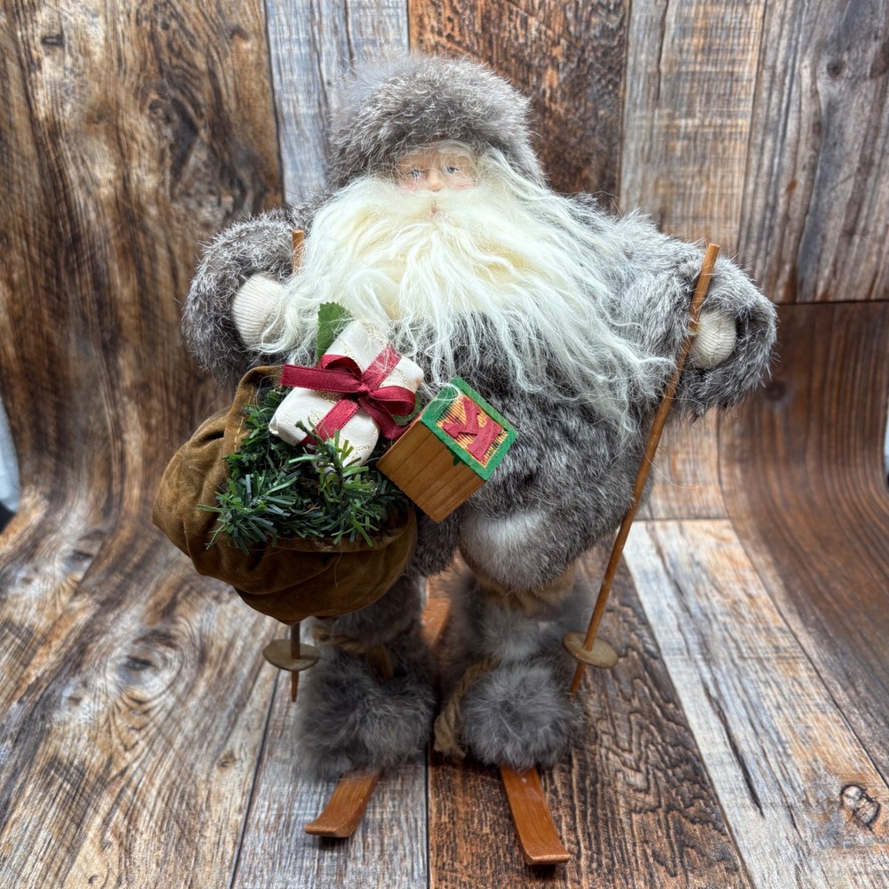 Skiing Santa Rabbit Fur Woodland Nordic Figurine Decorative Christmas